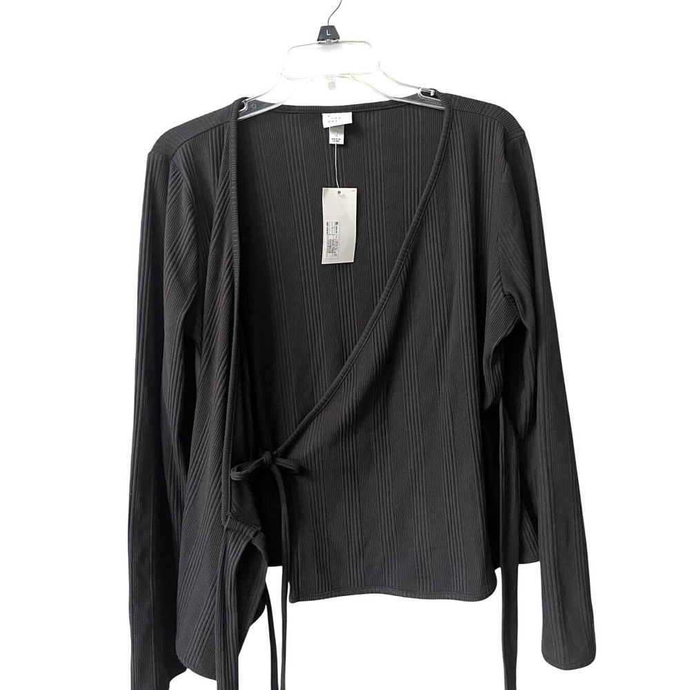 a new day V Neck Wrap Front Tie Top Womens Large Black Stretchy Ribbed New - Picture 4 of 8